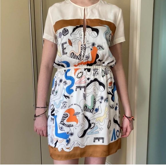 Sandro Rena Naive Silk Satin Abstract Print Dress 1/ Small - Picture 3 of 7